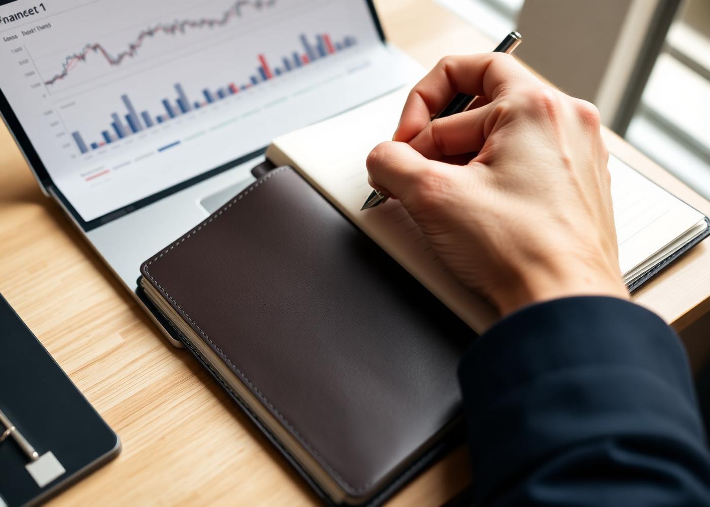 A CPA's hands writing in a leather planner beside financial charts — quiet, precise, and unhurried
