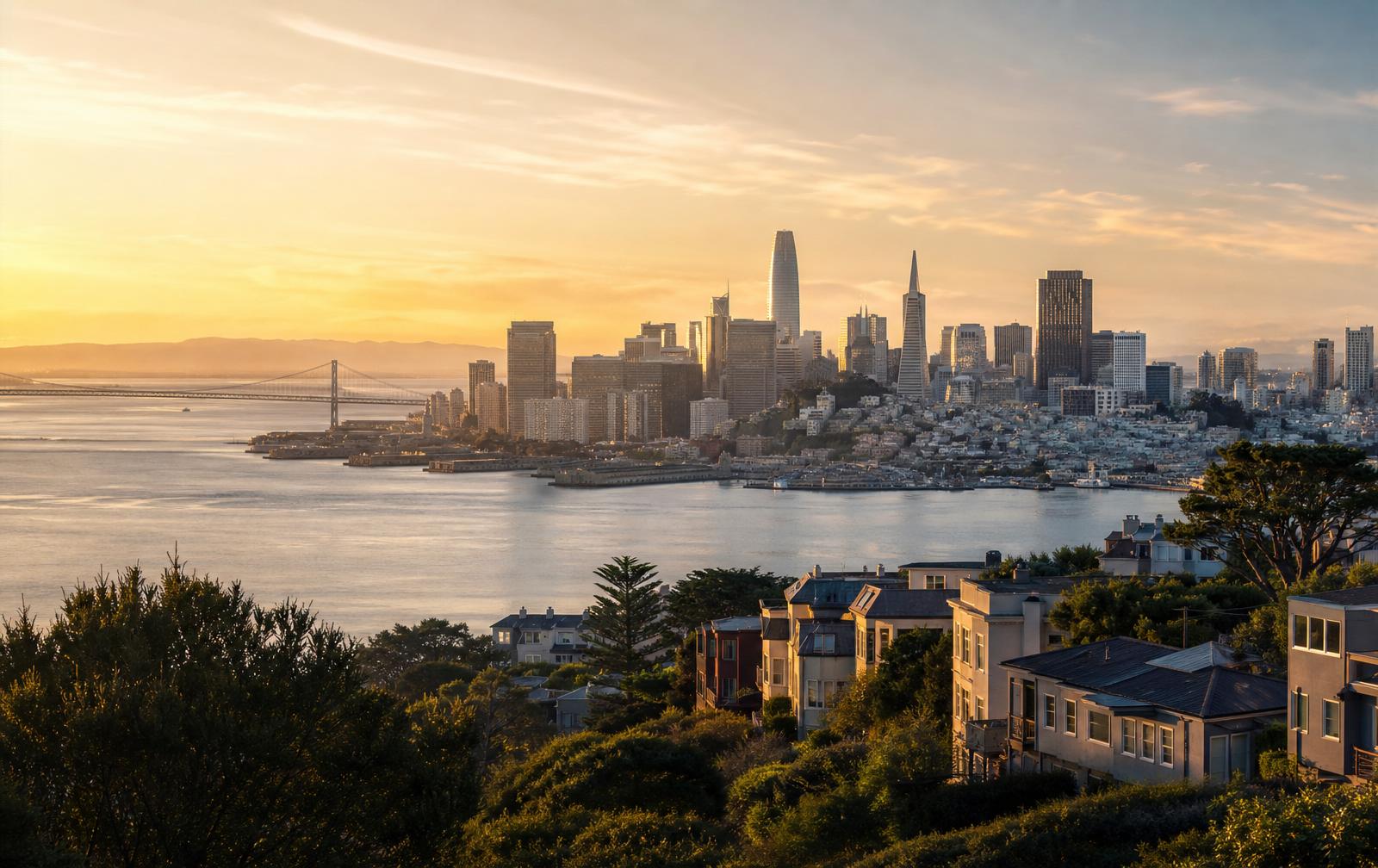 Golden sunrise over the San Francisco skyline and Bay Bridge, with the city glowing in warm morning light